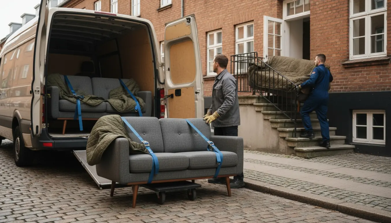Flyttefolk transporterer små sofaer med varevogn, flyttetæpper og dolly foran en opgang.
