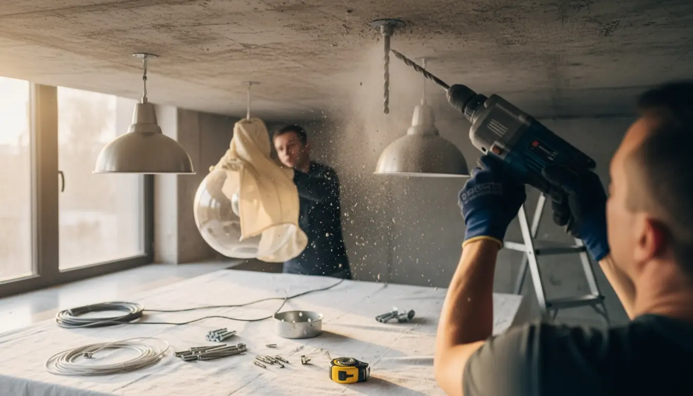 Nærbillede af boring i betonloft under opsætning af tre lamper med værktøj og en tung glaspendel.