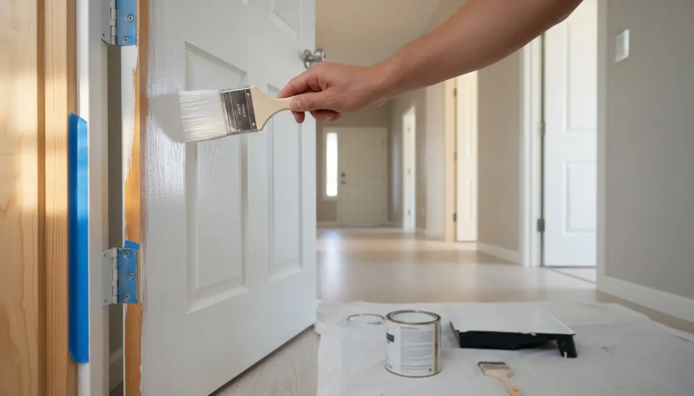 Nærbillede af en indvendig dørkarm, hvor hvid maling påføres med pensel, malertape og afdækning på gulvet.
