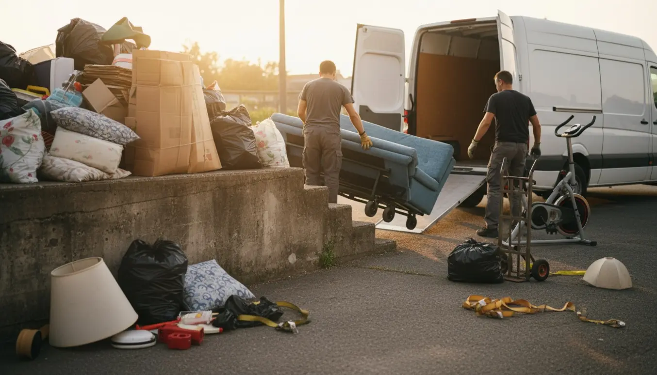 To personer læsser en sovesofa, en motionscykel og blandet affald op i en varevogn ved en kort trappe.