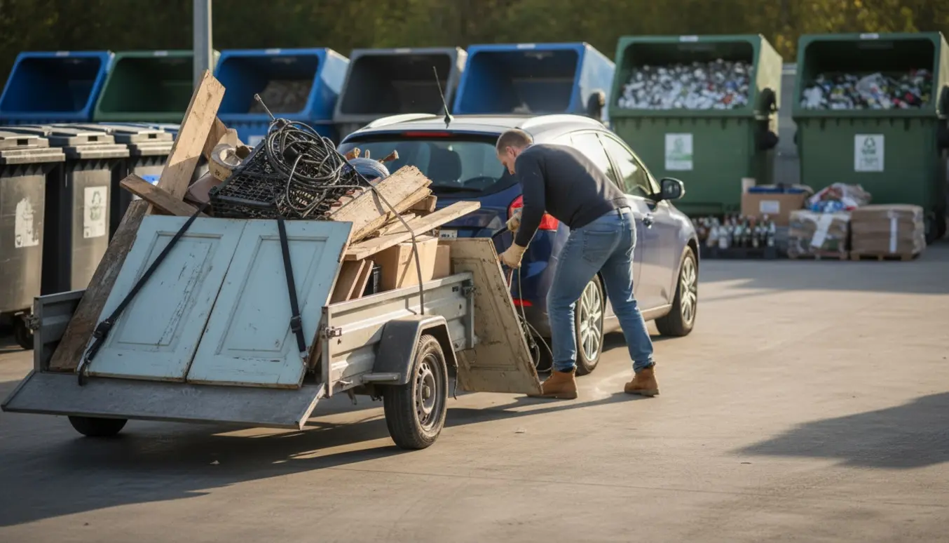 Trailer med træplader og skabslåger læsses af ved genbrugsplads, person set bagfra.