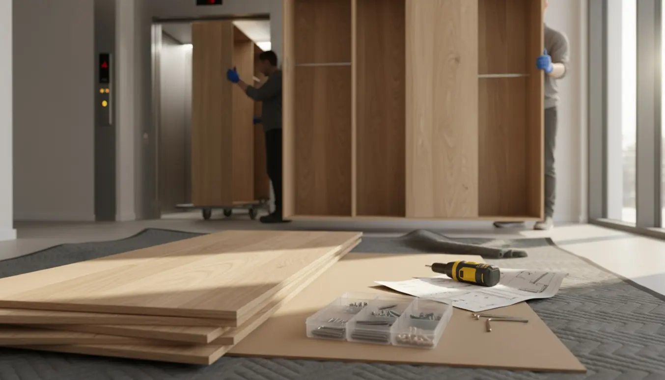 Delvist adskilt garderobeskab på beskyttelsestæpper med værktøj og hænder klar til at blive flyttet via en åben elevator.