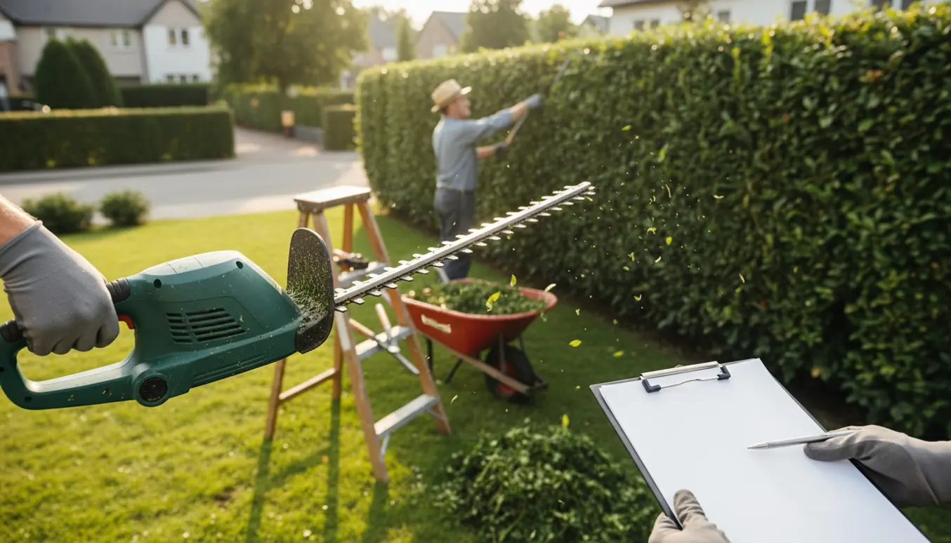 Gartner klipper en hæk foran et parcelhus, med friske afklip og værktøj i fokus.