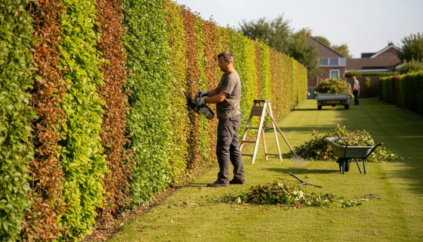 Lang bøgehæk trimmes i baghaven med afklip samlet i en trailer og haveredskaber i forgrunden.