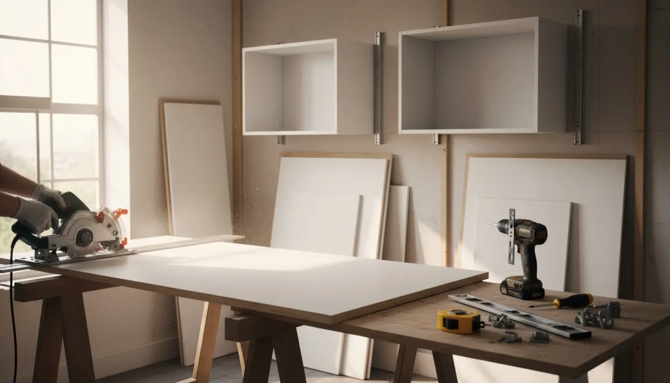 Nærbillede af en skabsside, der saves til, med værktøj klar til vægmontering.