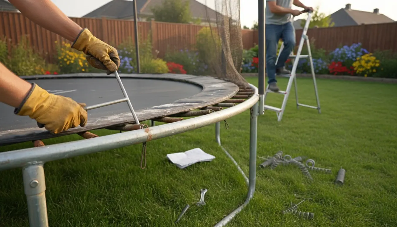 Hænder monterer fjedre på en brugt trampolin i en baghave.
