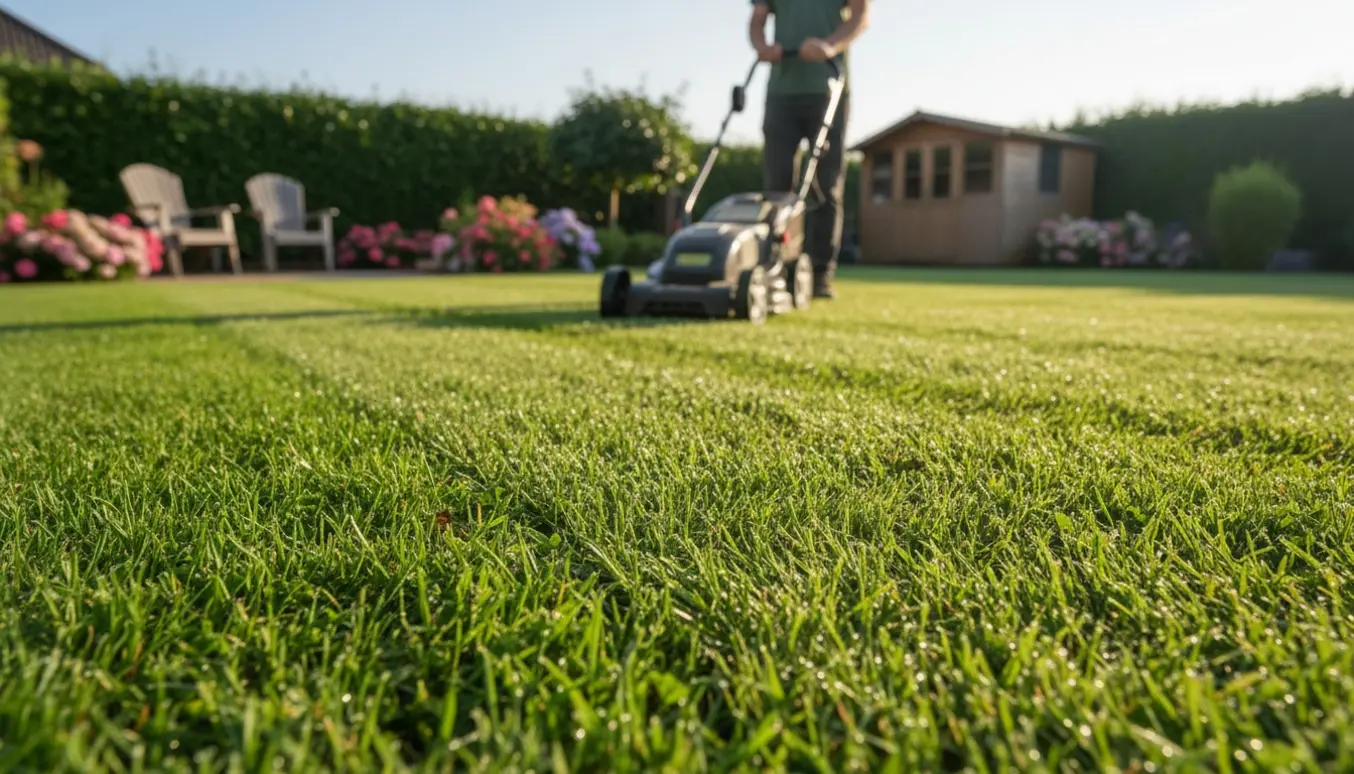 En person slår en middelstor græsplæne i en solrig forstadshave med en plæneklipper.