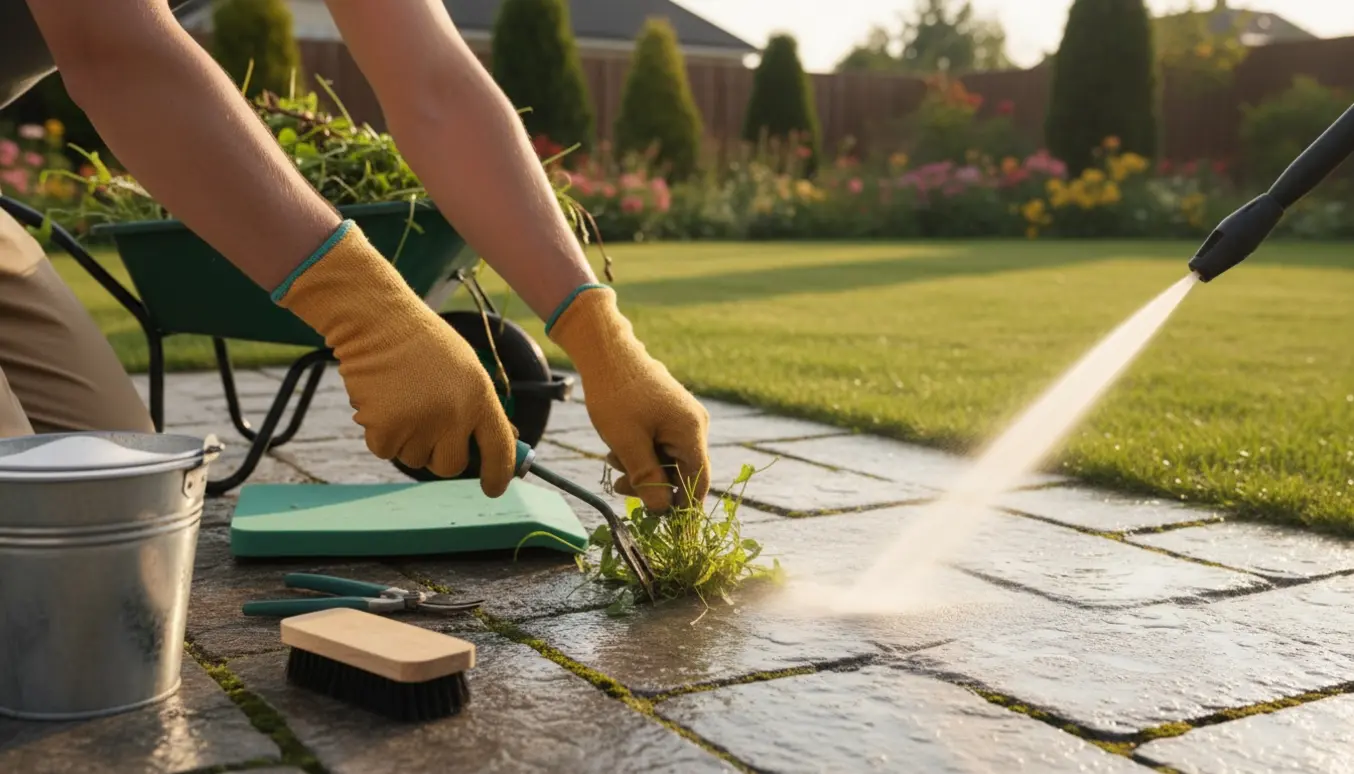 Hænder fjerner ukrudt mellem fliser, mens fliserne rengøres i en velplejet have.