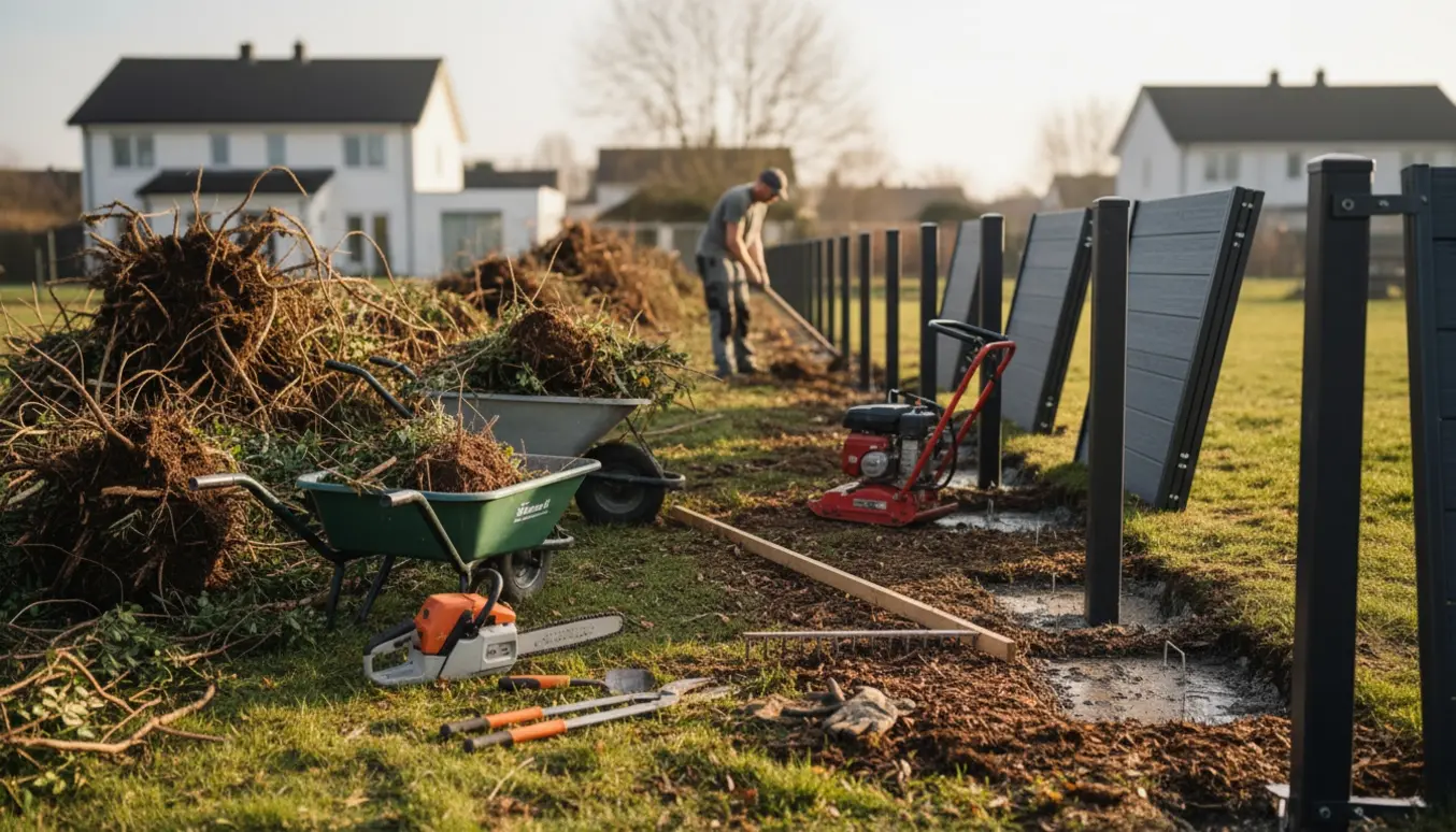 Fjernelse af gammel ligusterhæk med støbte jernstolper og materialer til opsætning af nyt vedligeholdelsesfrit hegn.