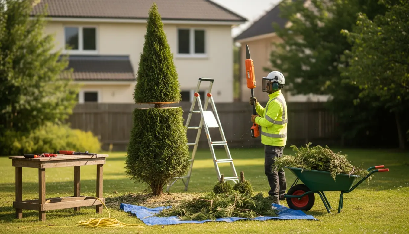 Topbeskæring af en 6 meter thuja med afskårne toppe og værktøj i en solbeskinnet baghave.