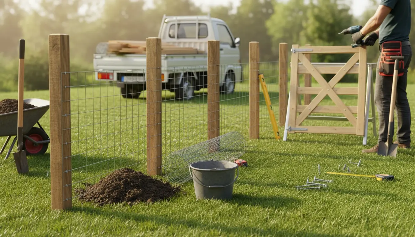 Opsætning af lille havehegn med rionet og en let trælåge i en baghave, værktøj og materialer synlige.