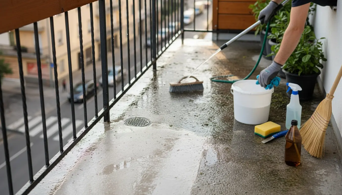 Nærbillede af en 2.-sals betonaltan med metal- og trærækværk, hvor hænder skrubber gulvet og rækværket.