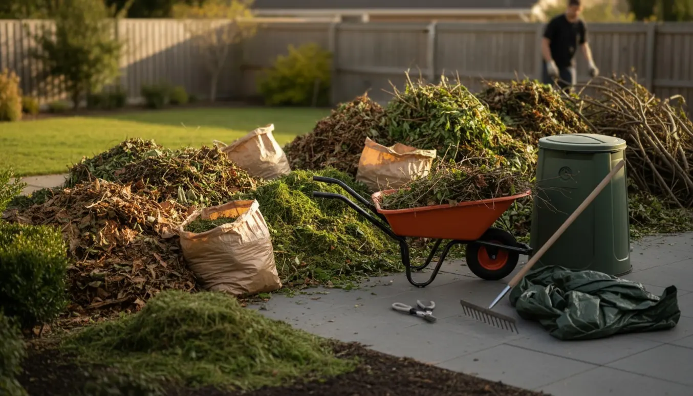 Stor bunke haveaffald i en baghave med trillebør, rive og kompostbeholder i blødt eftermiddagslys.