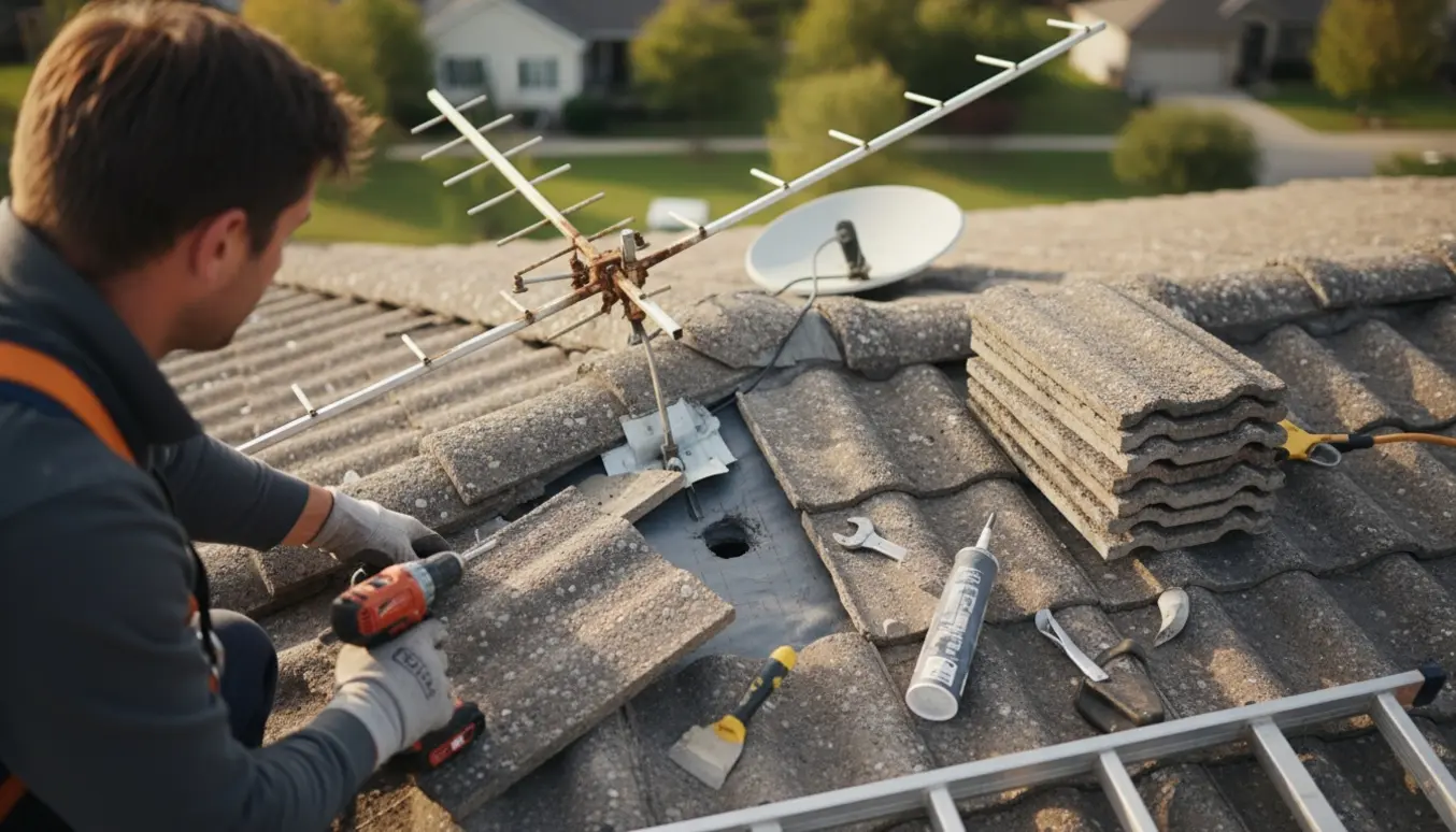 En håndværker fjerner en gammel tagantenne og parabol fra et betontag og tætner hullet med matchende tagplader.