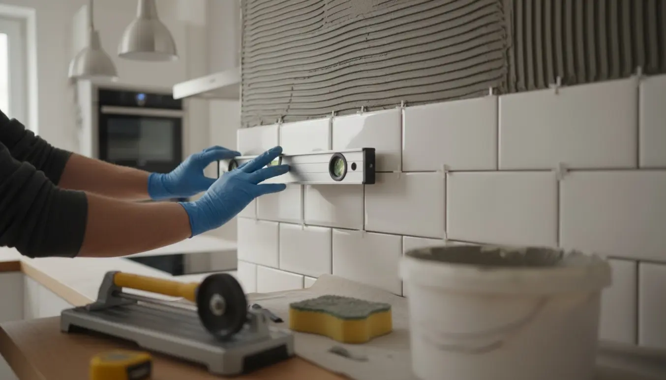 Nærbillede af hænder, der monterer hvide fliser som køkkenbacksplash med fliseklæber, afstandsstykker og værktøj.