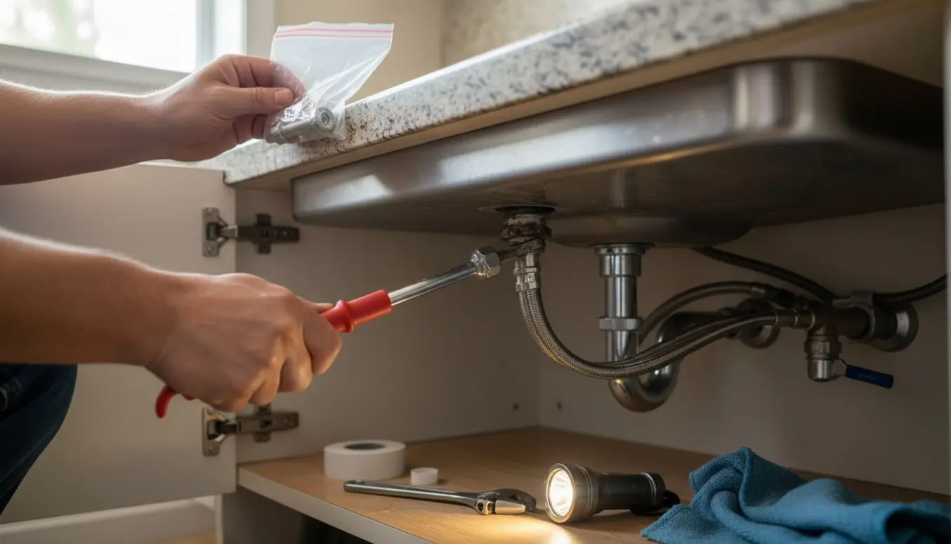 Nærbillede af hænder, der skifter en knækket skrue under en køkkenvandhane med værktøj og reservedele.