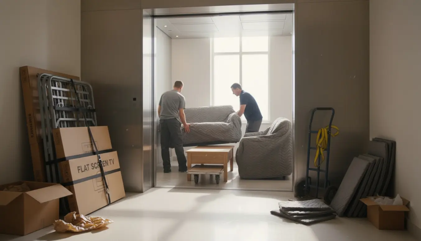 Flyttefolk læsser indpakkede sofaer, elevationssenge og fladskærme i en rummelig elevator.