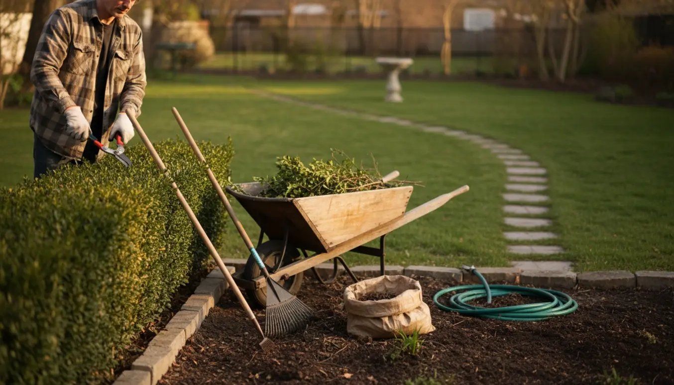 En havearbejder trimmer en hæk og samler blade i en trillebør ved en velholdt græsplæne.