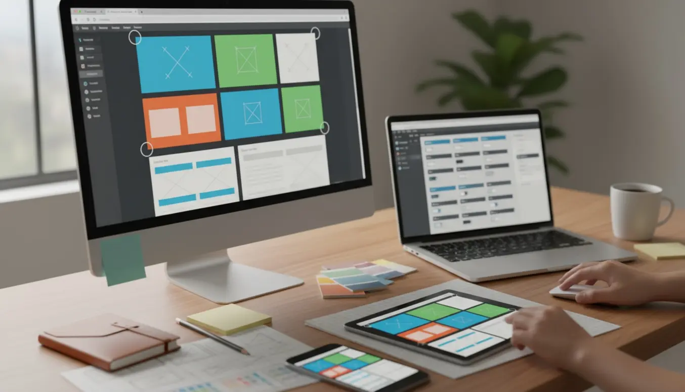 Arbejdspult med to skærme der viser en træk-og-slip-webbygger og et CMS-dashboard, skitser og en tablet med responsive mockups.