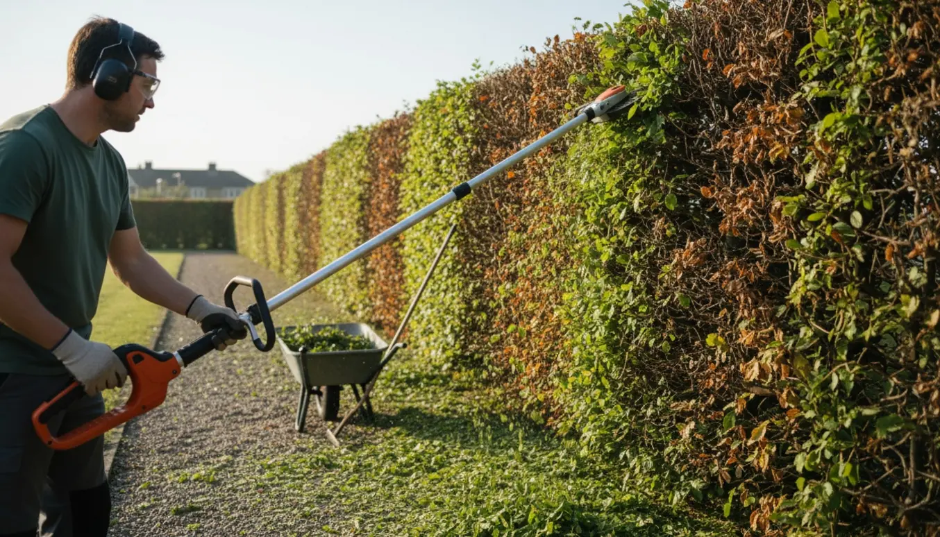 Gartner trimmer toppen af en ca. 2 m høj bøgehæk med en langtrækker, med trimmemateriale og redskaber ved siden af.