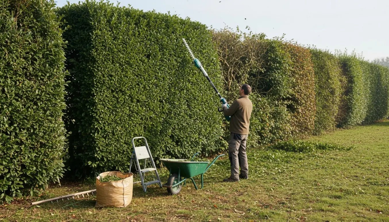 Lang, nysnoet gammel ligusterhæk på cirka 50 m med en person set bagfra, der trimmer siden og en trillebør med klip klar til fjernelse.