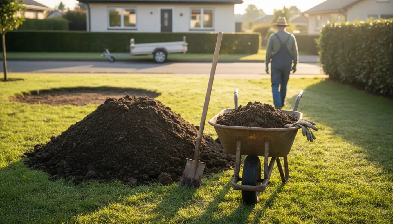 Trillebør fyldt med jord på vej fra haven mod en trailer ved vejen, klar til aflevering på genbrugspladsen.