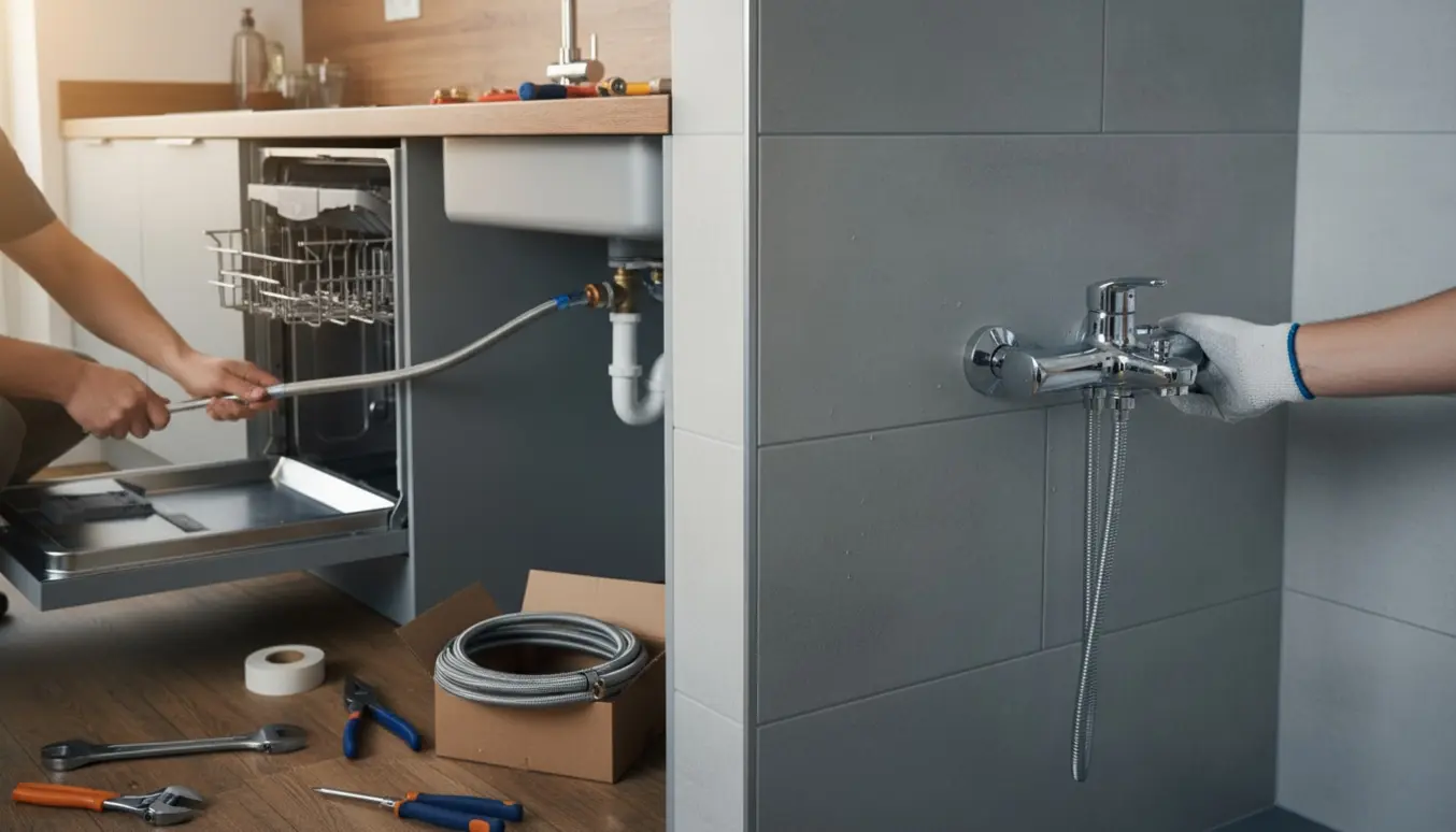 Hænder tilslutter opvaskemaskinens aquastop-slange under køkkenvasken, mens et nyt krom bruseblandingsbatteri holdes klar ved fliserne.