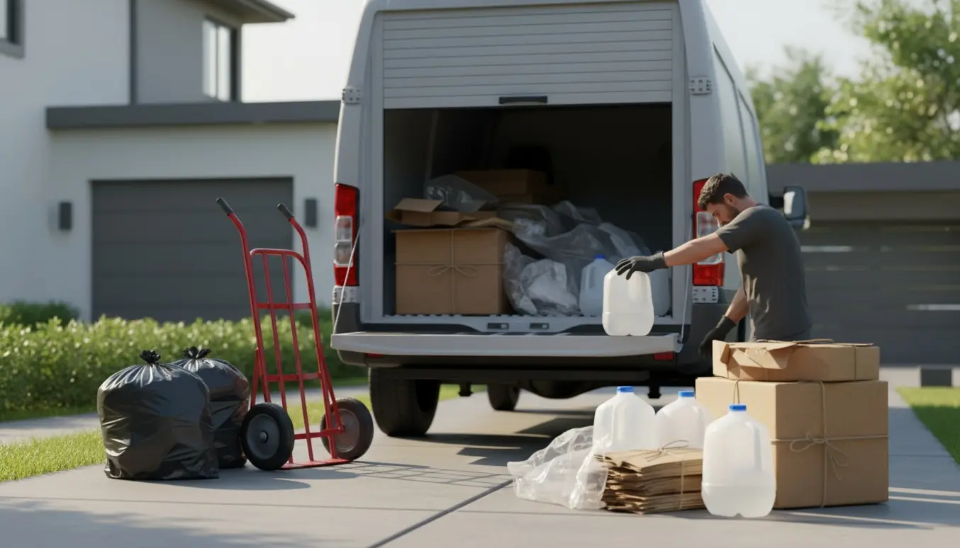 Åben varevogn på indkørsel med plastdunke, sammenpressede papbundter og plastik klar til afhentning.