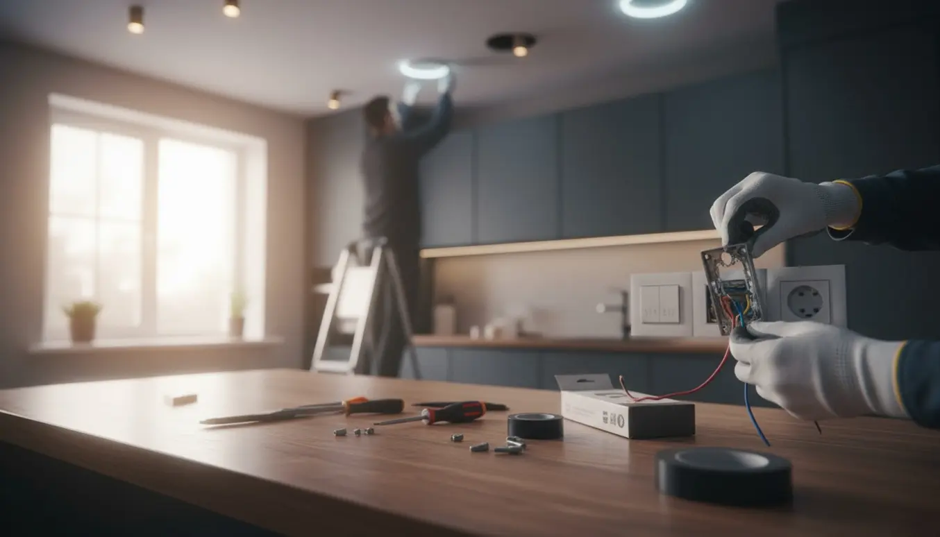 Elektriker uden synligt ansigt installerer lysdæmper og udskifter køkkenspots med LED, med værktøj og lyskilder på bordet.