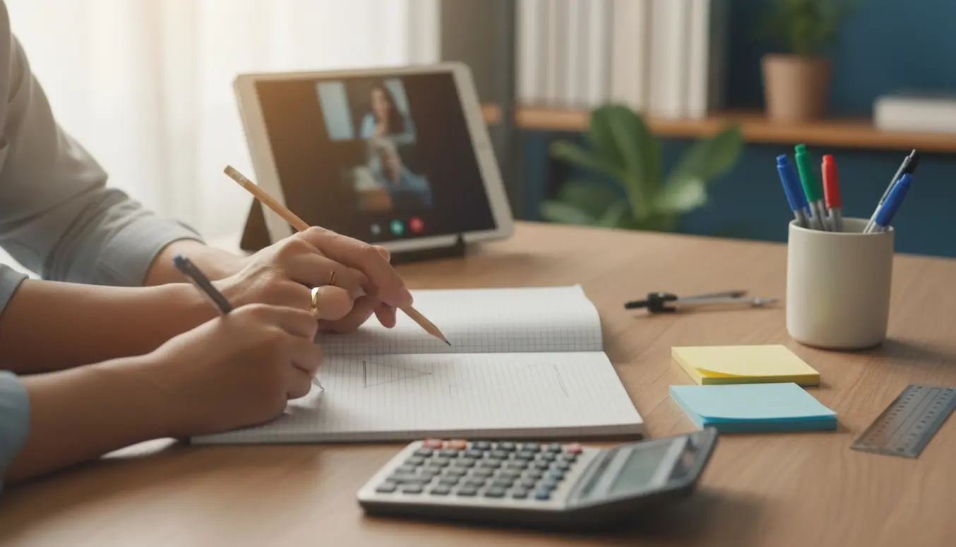 To par hænder ved et skrivebord med notesblok, lineal og passer mens der gives lektiehjælp i varmt vindueslys.