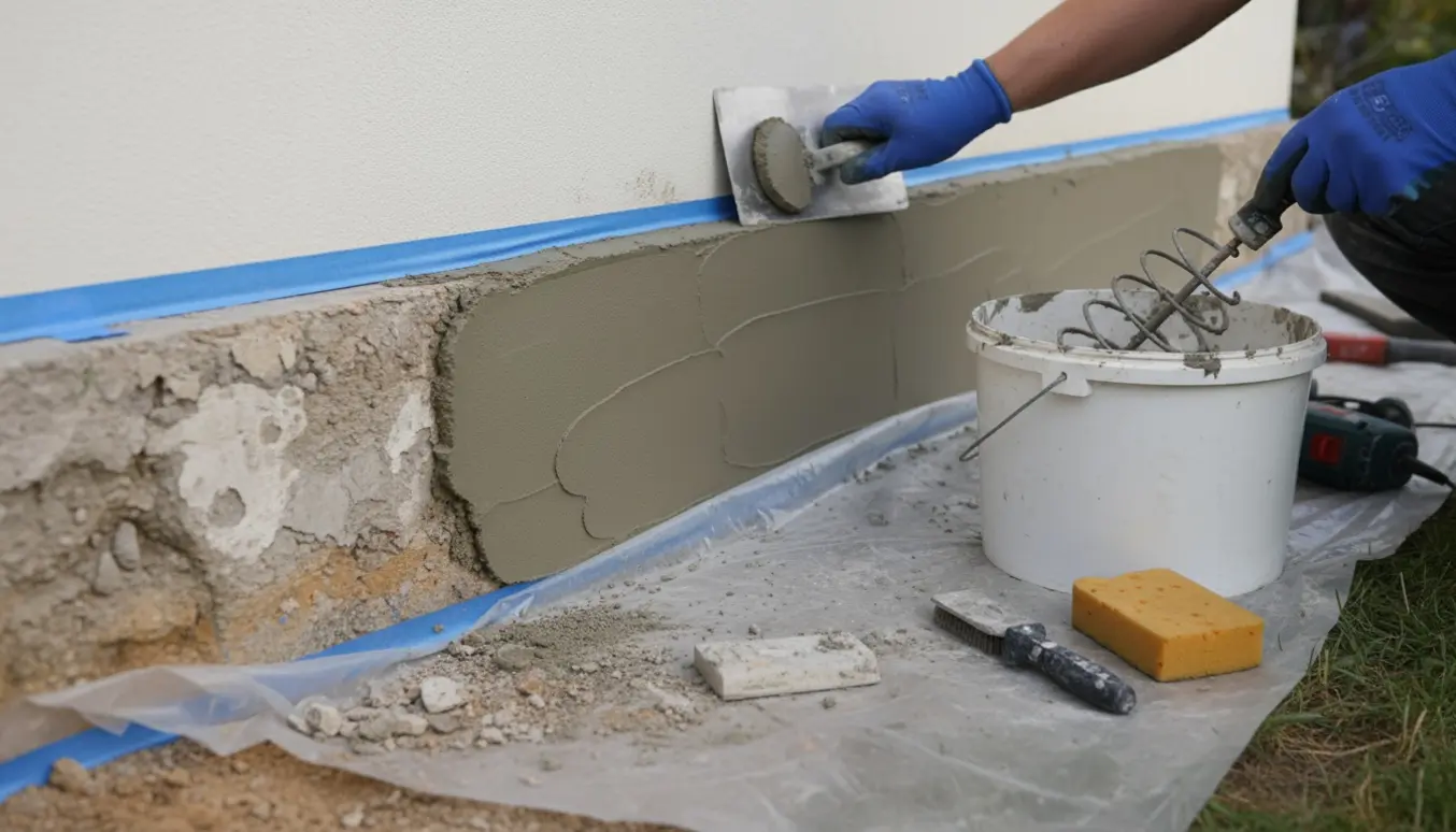 Nærbillede af reparation og pudsning af afskallet sokkel med mørtel og håndværktøj.