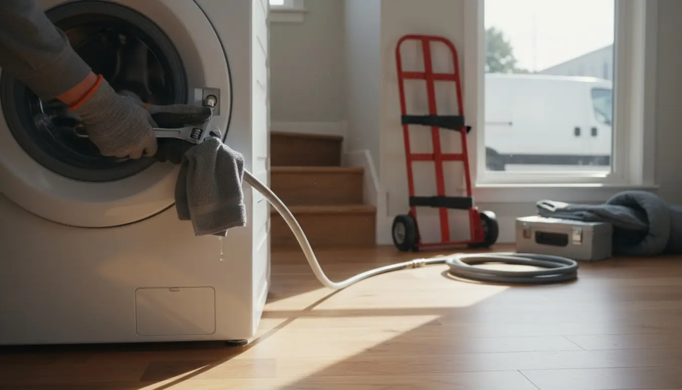 Hænder afmonterer vandslange fra en vaskemaskine i en lys lejlighed på første sal, klar til afhentning.