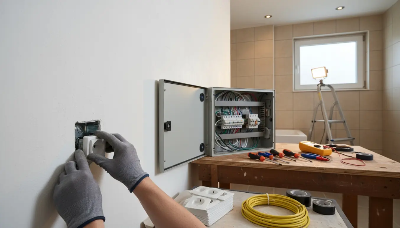 Nærbillede af elektrikerhænders arbejde med udskiftning af stikkontakter, ny eltavle og indbyggede spotlamper i et nykøbt hus.