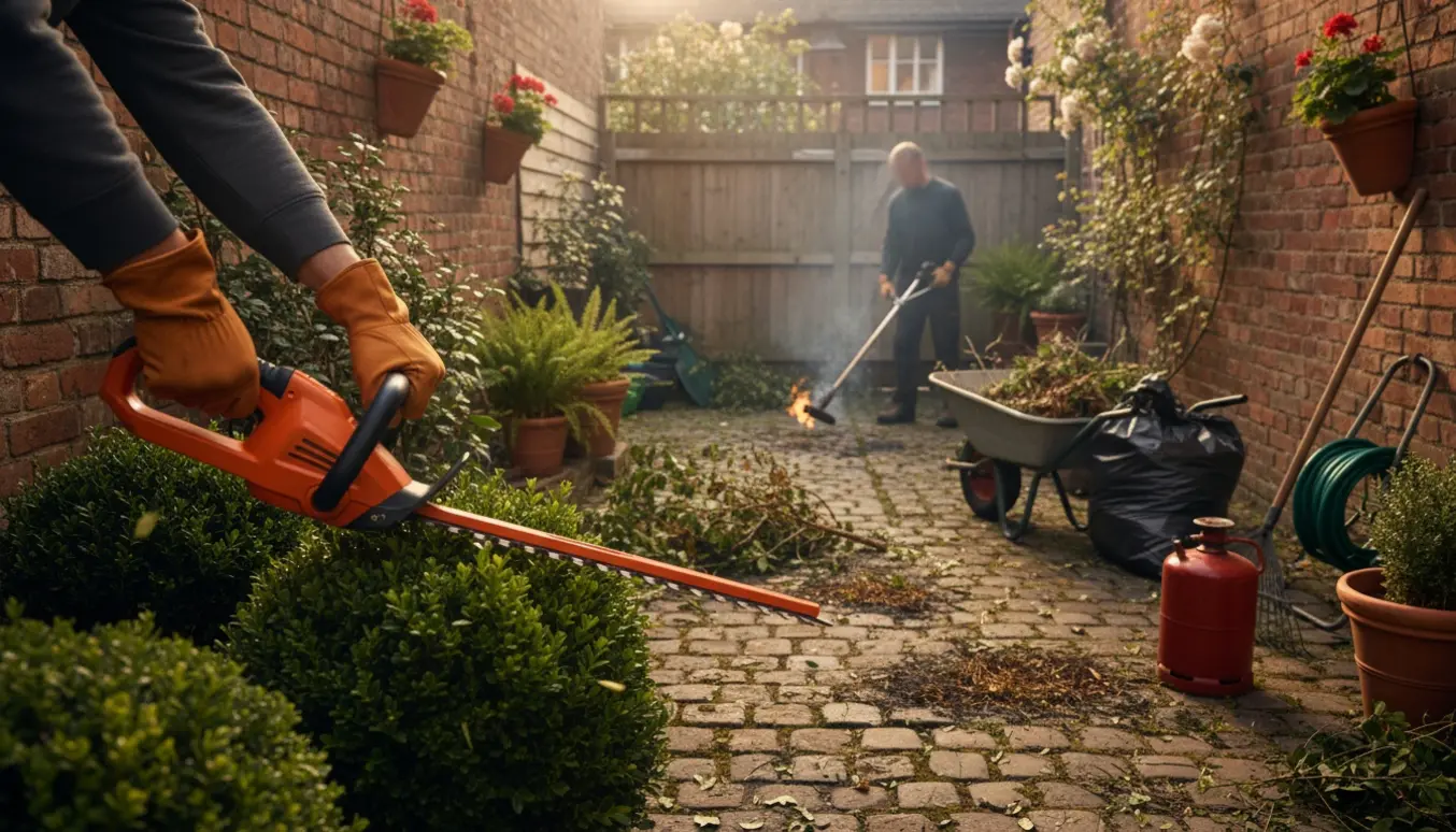 Gårdhave under oprydning med busktrimmer i brug og ukrudtsbrænder mellem fliserne.