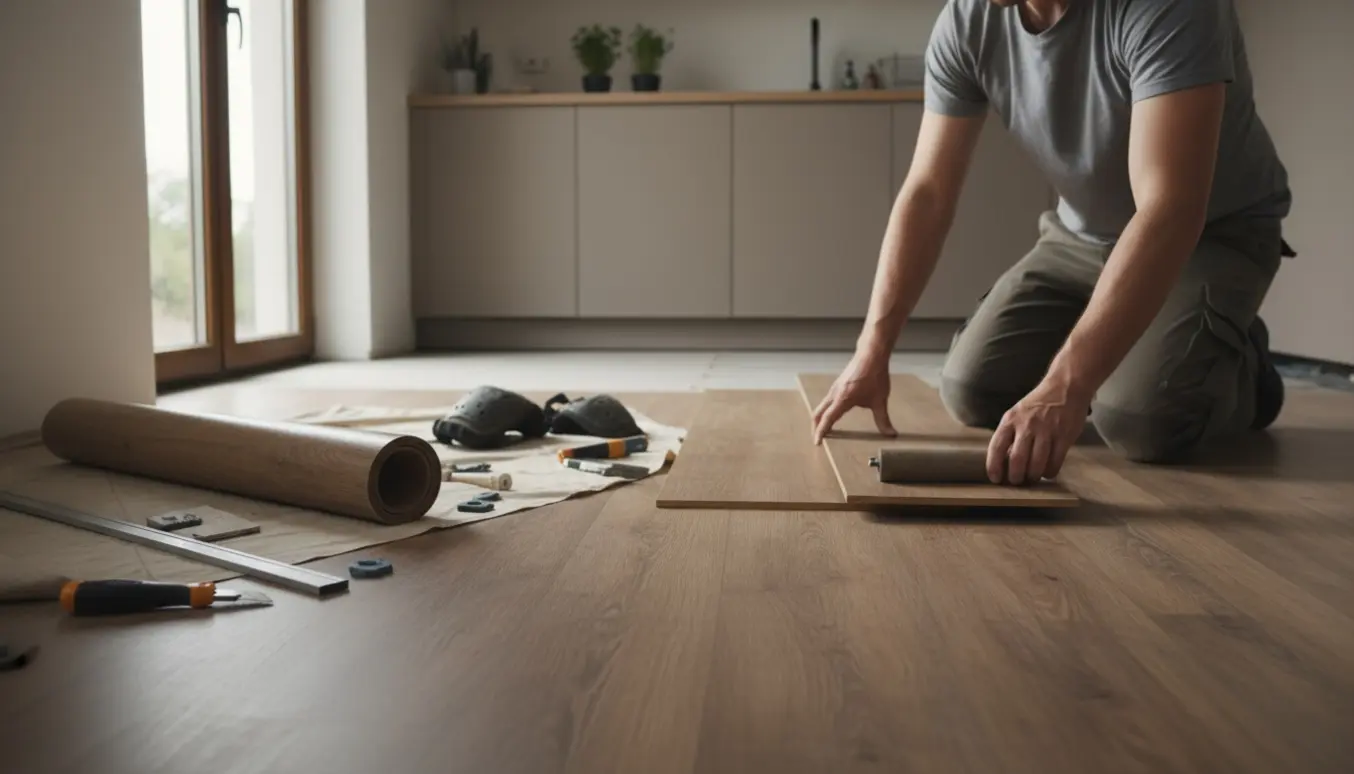 Nærbillede af installation af nyt vinylgulv i et lille rektangulært køkken med værktøj og hænder i arbejde.