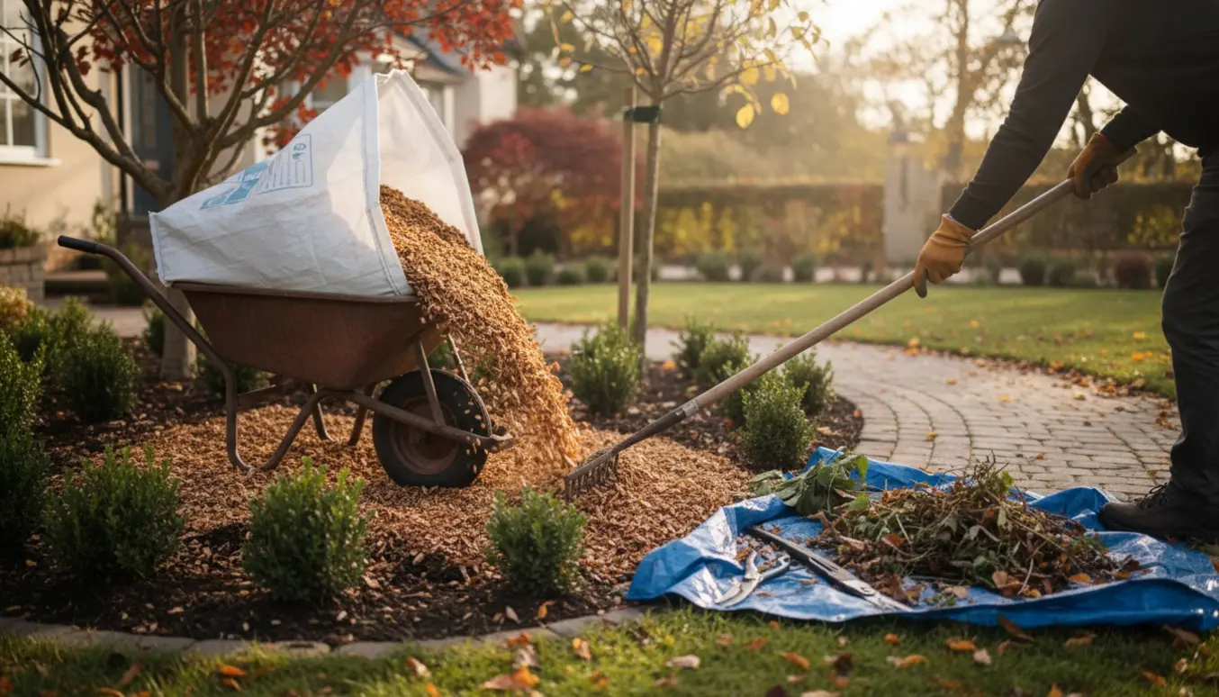 Hænder spreder træflis omkring nybeskårede småbuske i forhaven om efteråret.