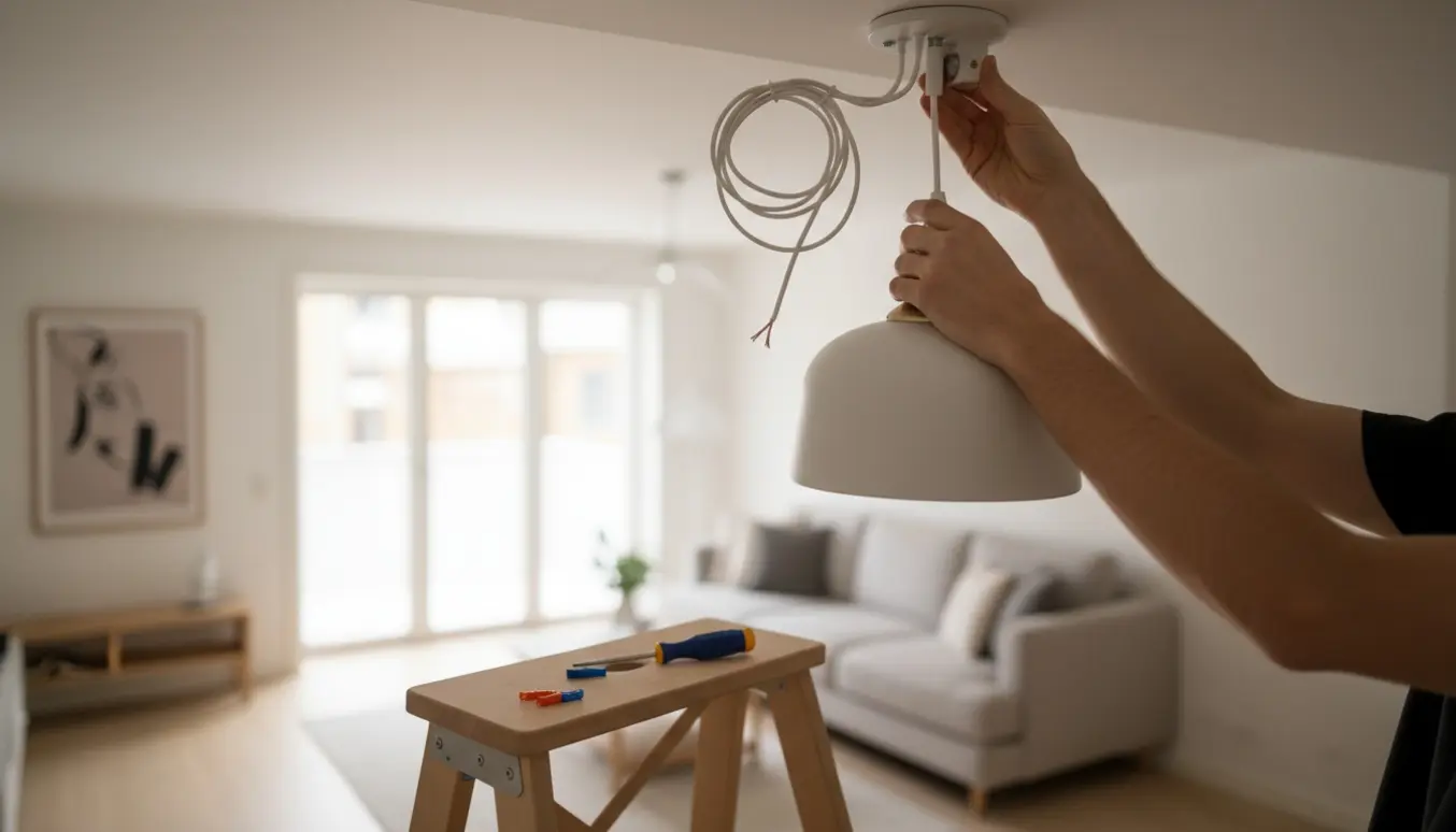 Hænder monterer en københavnerlampe i loftet med stige og værktøj i et lyst nordisk rum.