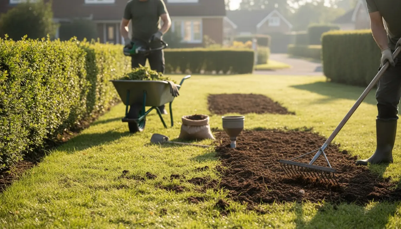 Hækklipning og krattering af jord i haven klar til græssåning.