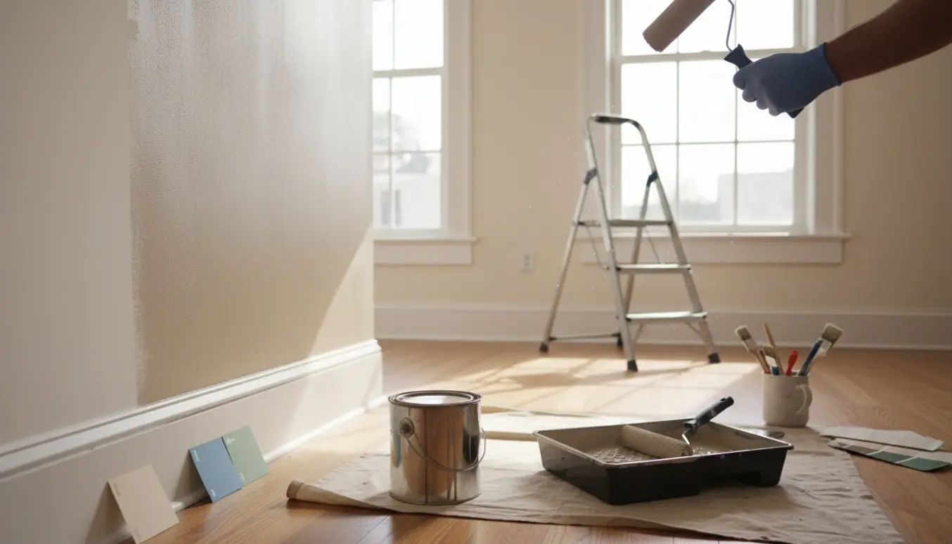 Nærbillede af en rækkehusstue, hvor en maler ruller lysegrå maling på en væg med malergrej og afdækningsplast.