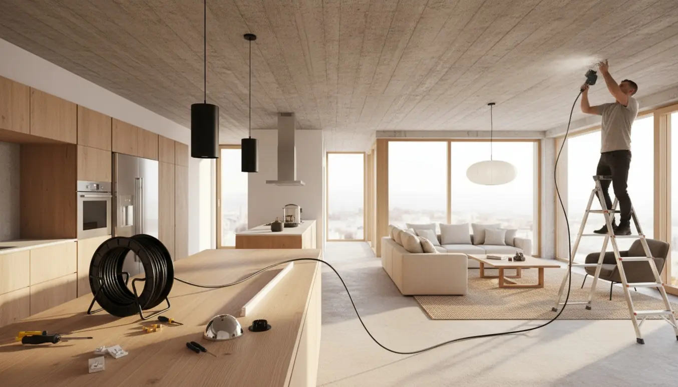 Elektriker monterer to sorte cylinderlamper over køkkenøen og en hvid glaslampe i stuen under et råt betonloft.