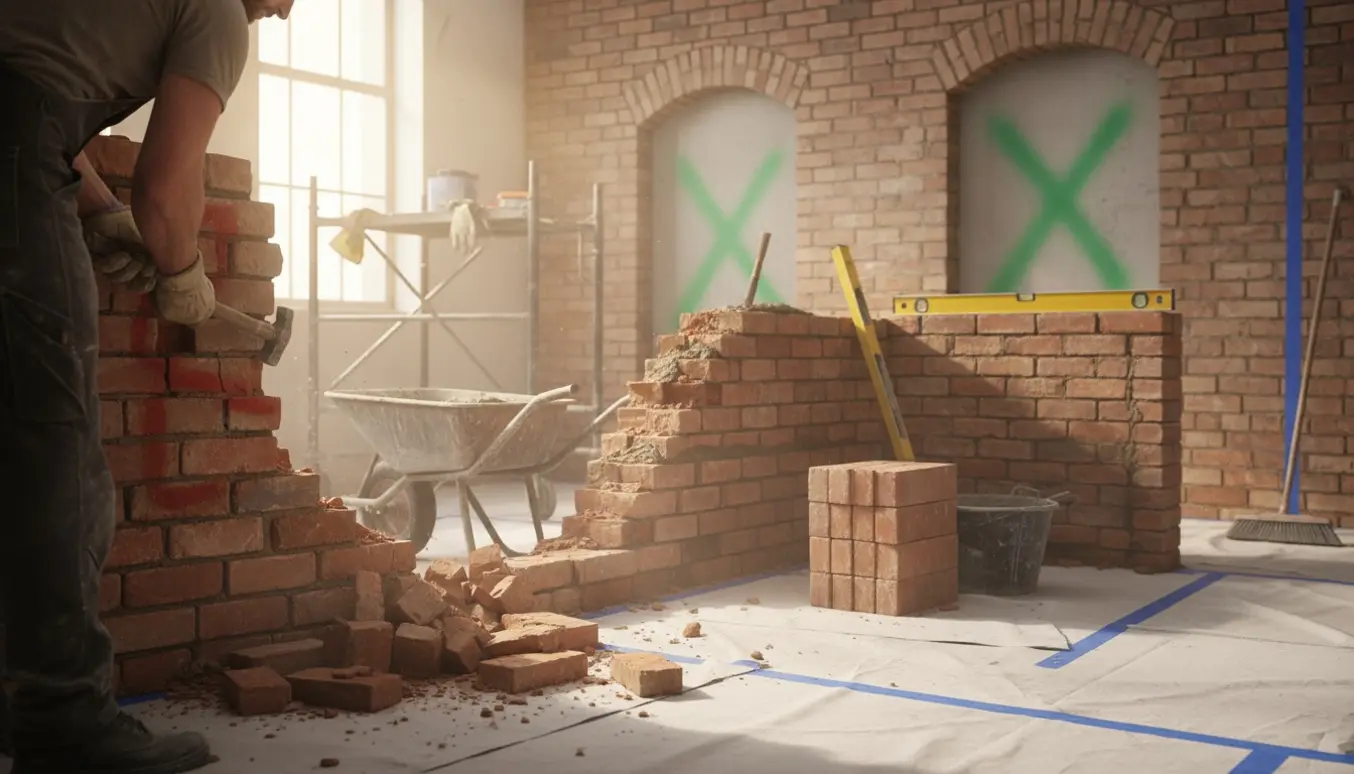 Indendørs murerarbejde med delvist nedrevet mur, ny mur under opbygning og døråbninger, der fyldes igen.