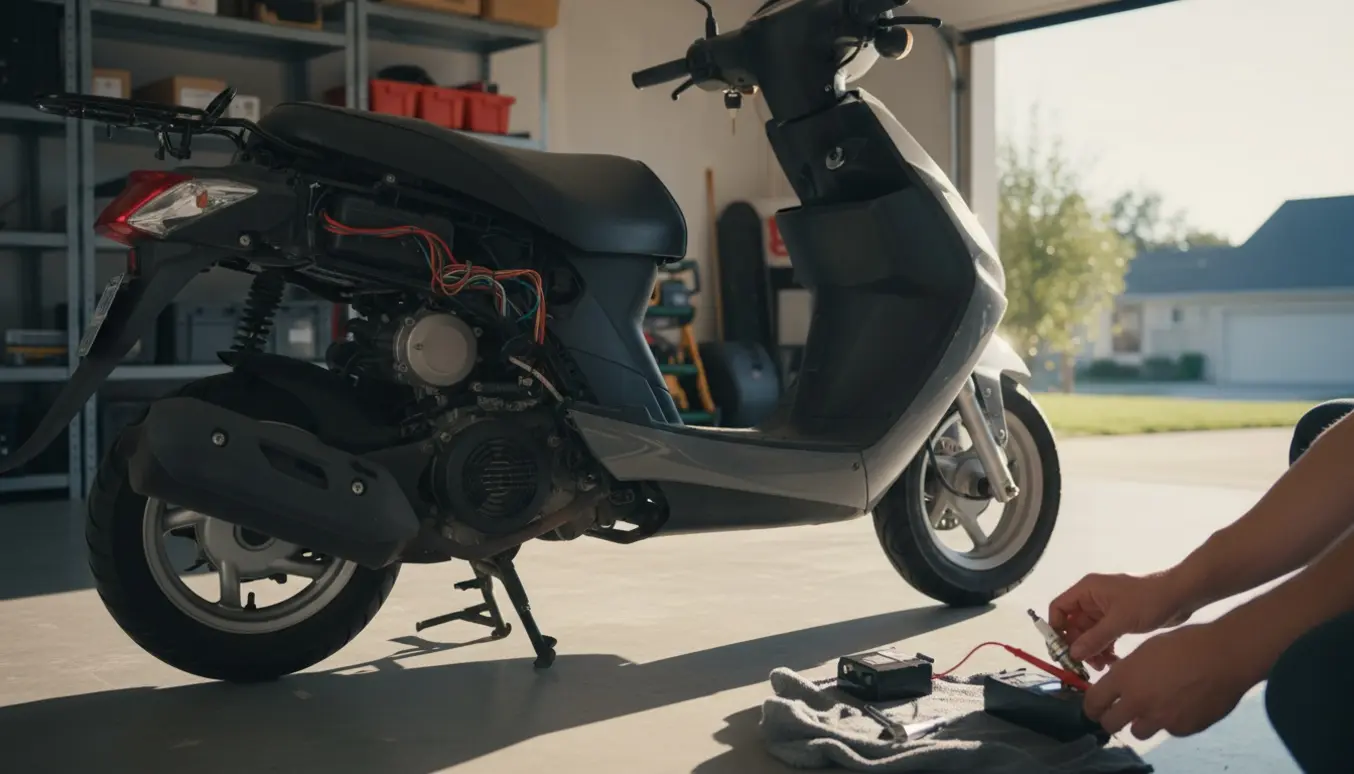 Nærbillede af en moderne scooter med åben sidepanel, hænder holder tændrør og multimeter i en garage.