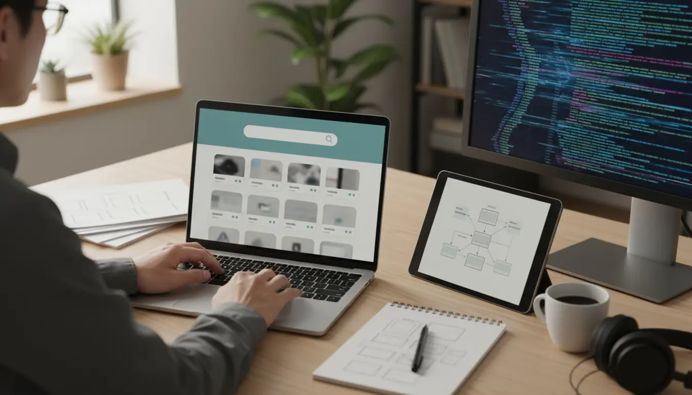 Hænder arbejder på en bærbar med en ren søgegrænseflade og ufokuseret kode på en ekstra skærm.