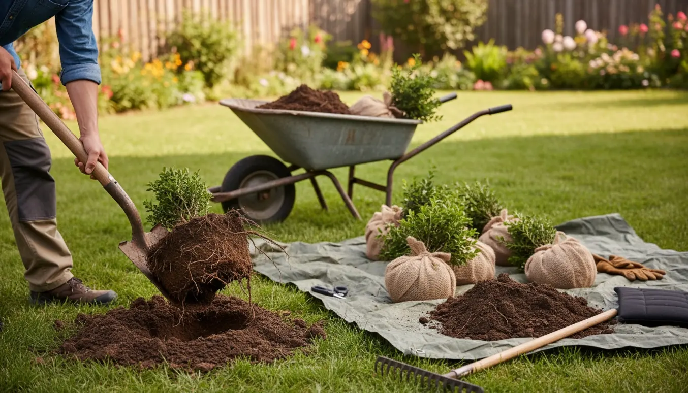Nærbillede af havearbejde med skovl, trillebør og opgravede buske på et lærred i morgensol.