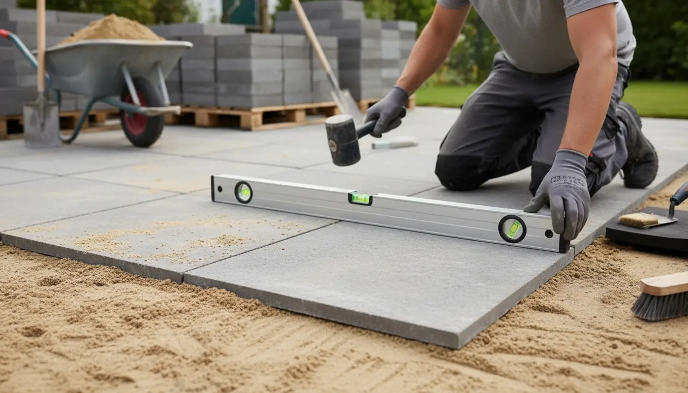 Arbejde med at lægge store kvadratiske havefliser på et forberedt sandlag i en baghave.