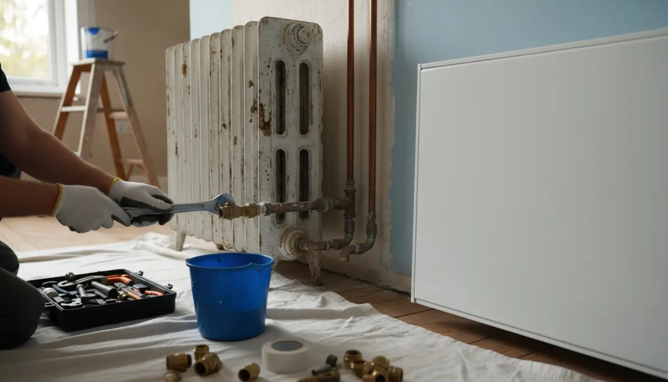 En håndværker skifter en gammel støbejernsradiator til en ny slank radiator i et lyst, renoveret rum.