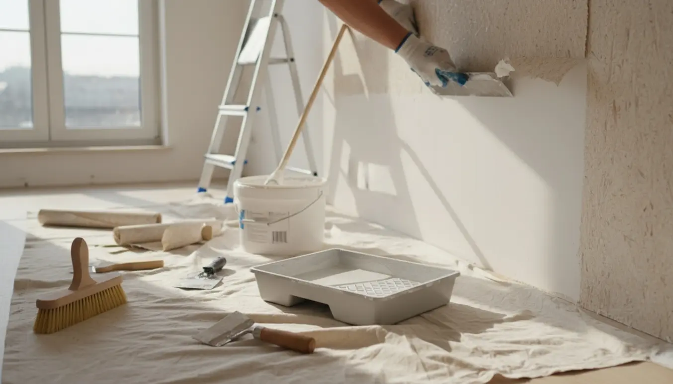 Hænder fjerner savsmuldstapet fra en væg i en lys lejlighed med spartel og malerrulle klar.