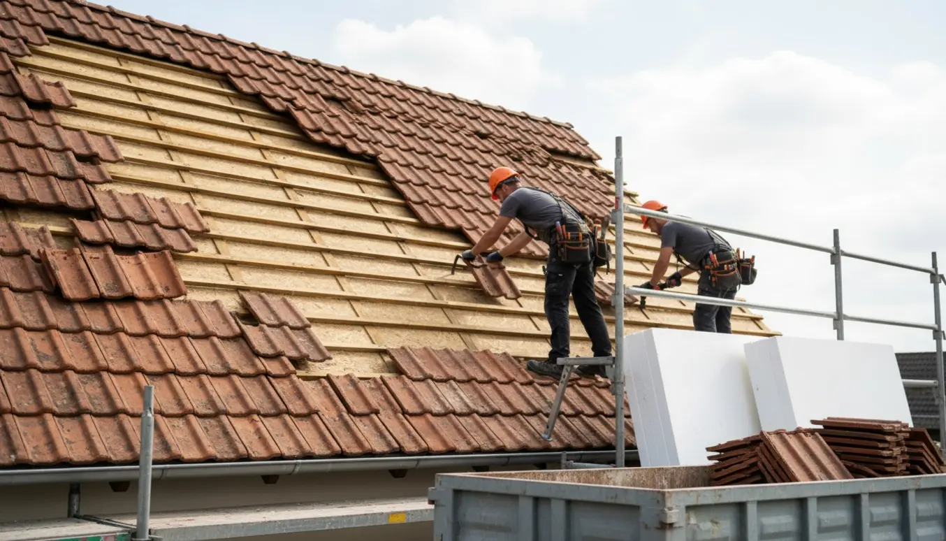 Arbejdere fjerner tegl og afslører regler og gips på et tag ved stillads med container klar til affald.
