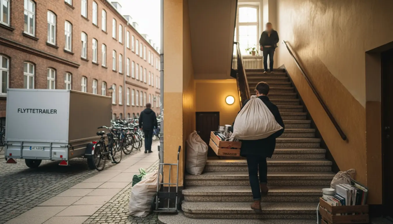 Poser og små trækasser bæres op ad en bred opgang mod 4. sal fra en flyttetrailer på Nørrebro.