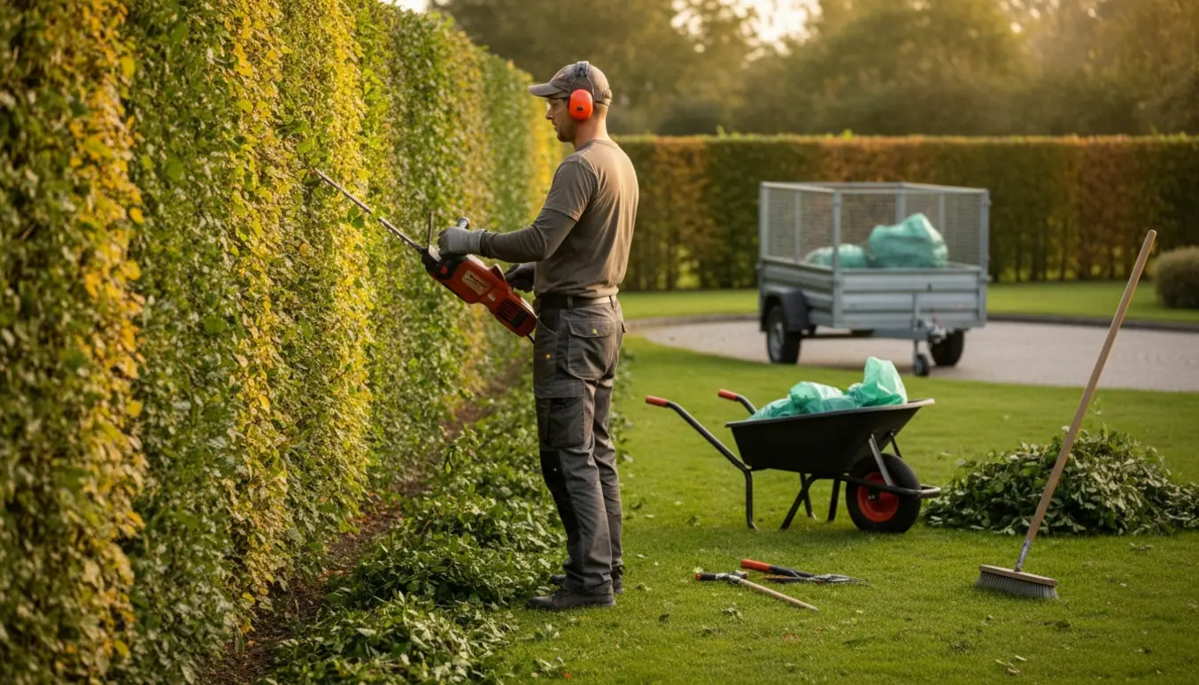 Person trimmer en bøge- og ligusterhæk med afklip samlet i trillebør og trailer i baggrunden.